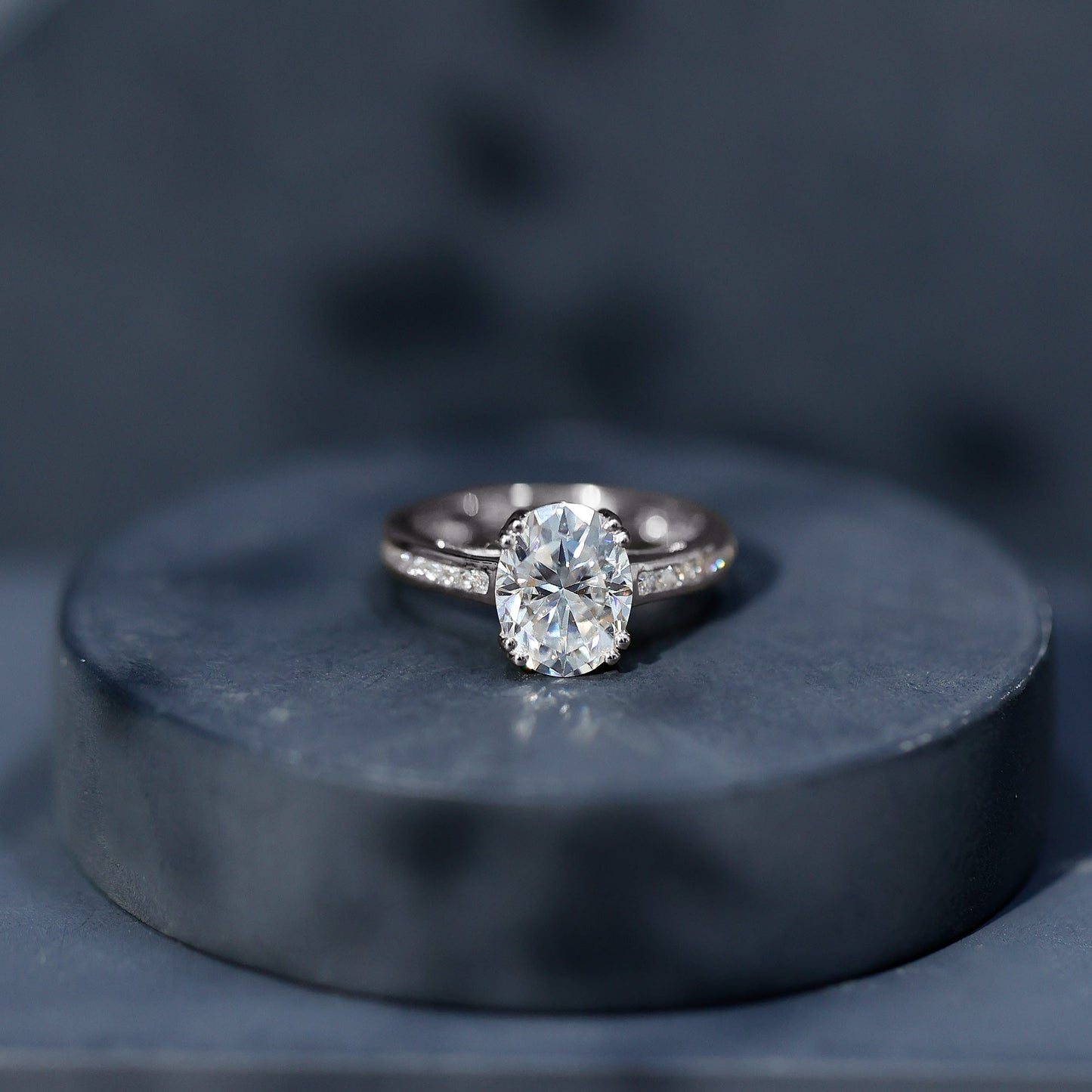 Certified Moissanite Oblong Engagement Ring in Double Prong Setting