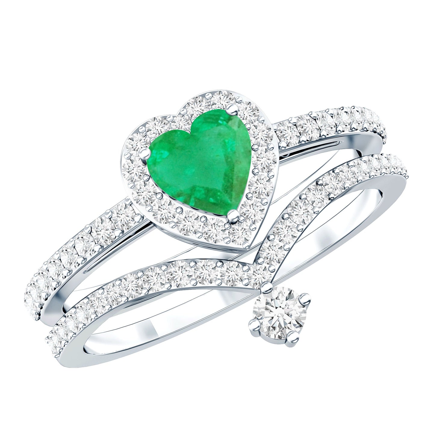 Real Emerald and Diamond Heart Wedding Ring Set with Certificate