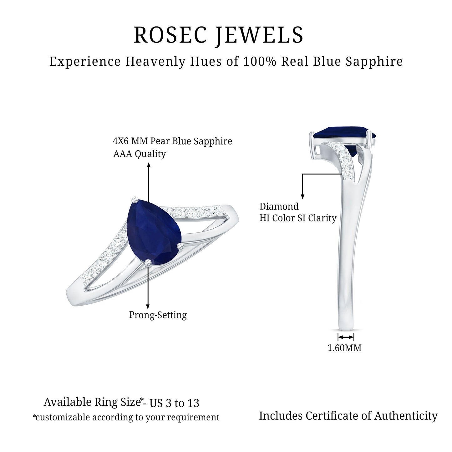 Pear Cut Solitaire Blue Sapphire Split Shank Ring with Diamond
