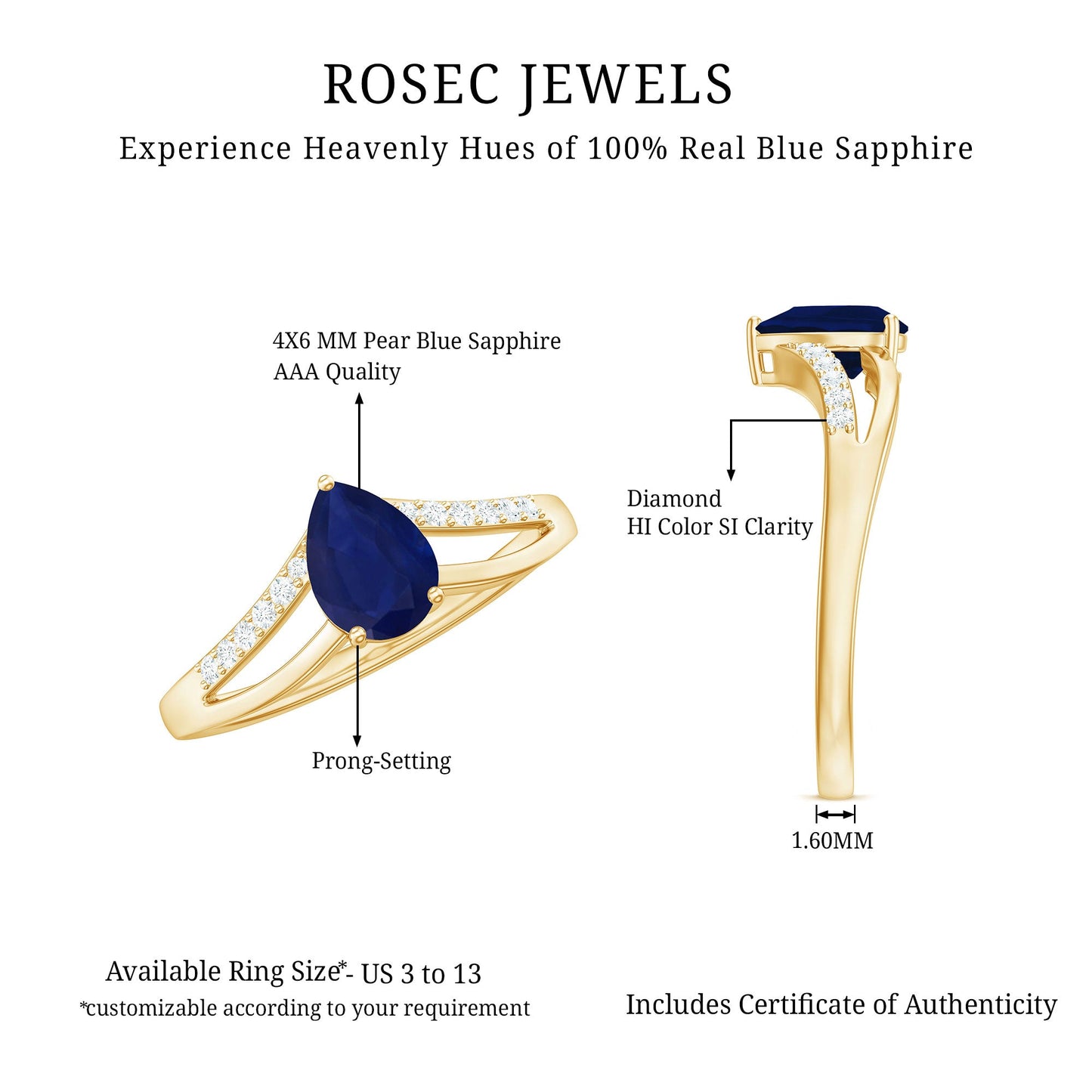 Pear Cut Solitaire Blue Sapphire Split Shank Ring with Diamond