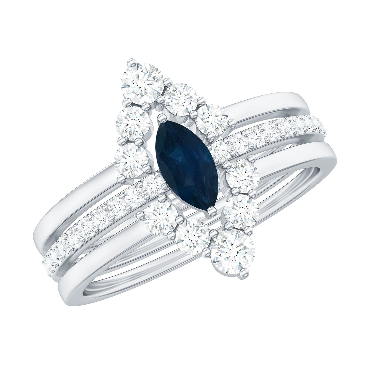 Natural Marquise Cut Blue Sapphire and Diamond Three Piece Stackable Ring Set