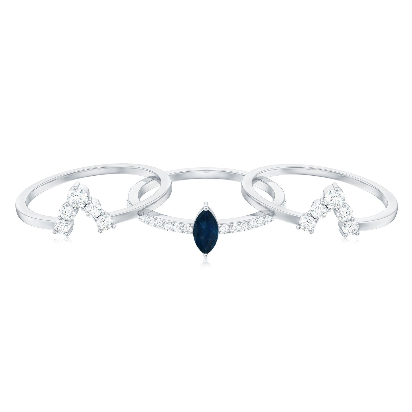 Natural Marquise Cut Blue Sapphire and Diamond Three Piece Stackable Ring Set