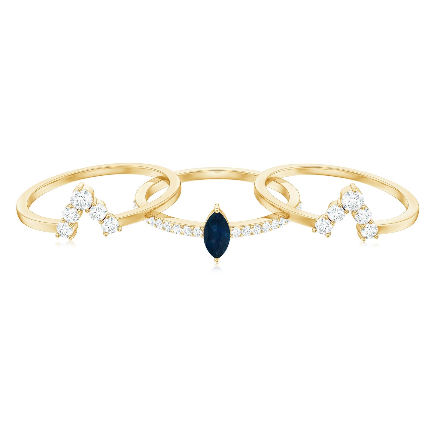 Natural Marquise Cut Blue Sapphire and Diamond Three Piece Stackable Ring Set