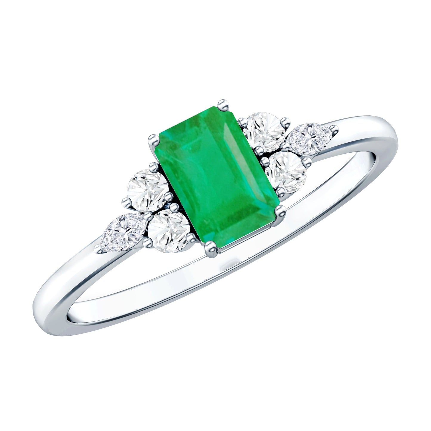 Emerald Cut Emerald Engagement Ring with Diamond Trio