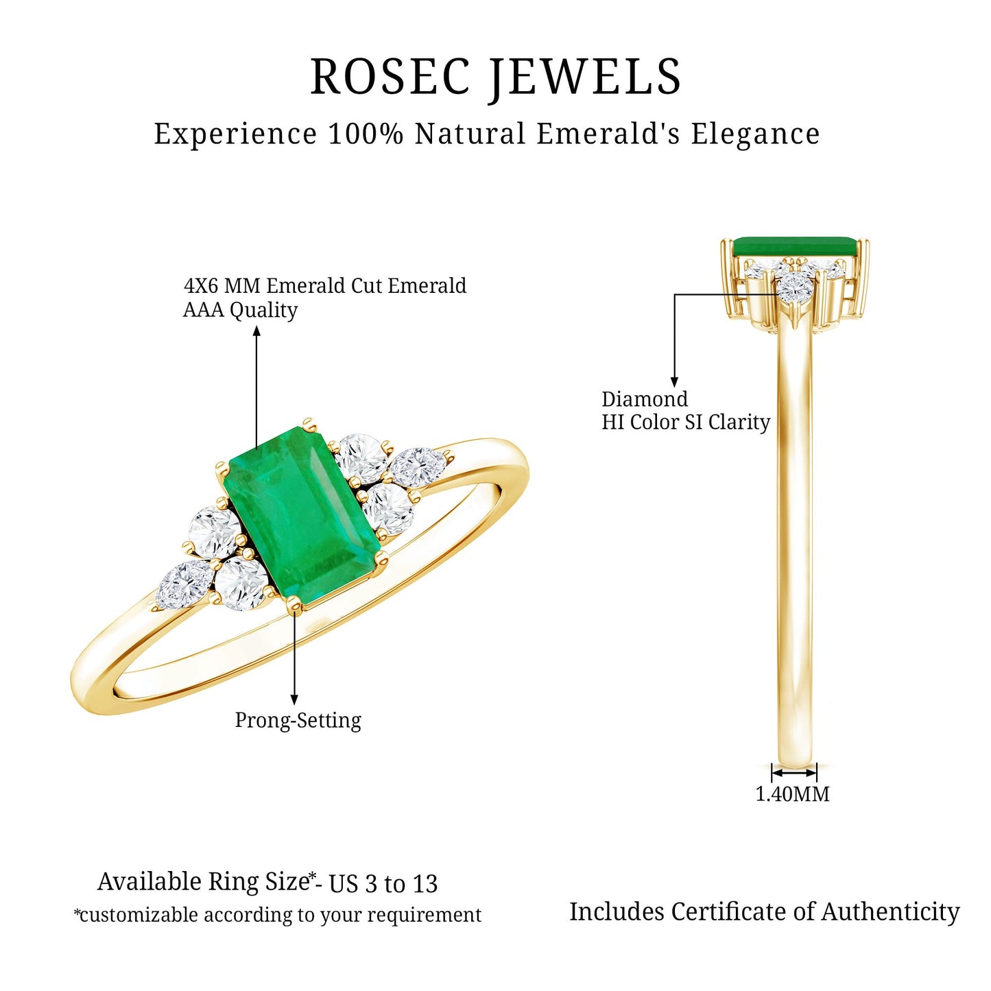 Emerald Cut Emerald Engagement Ring with Diamond Trio