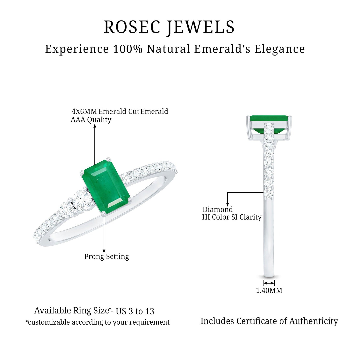 Natural Emerald Cut Emerald Engagement Ring with Diamond Side Stones