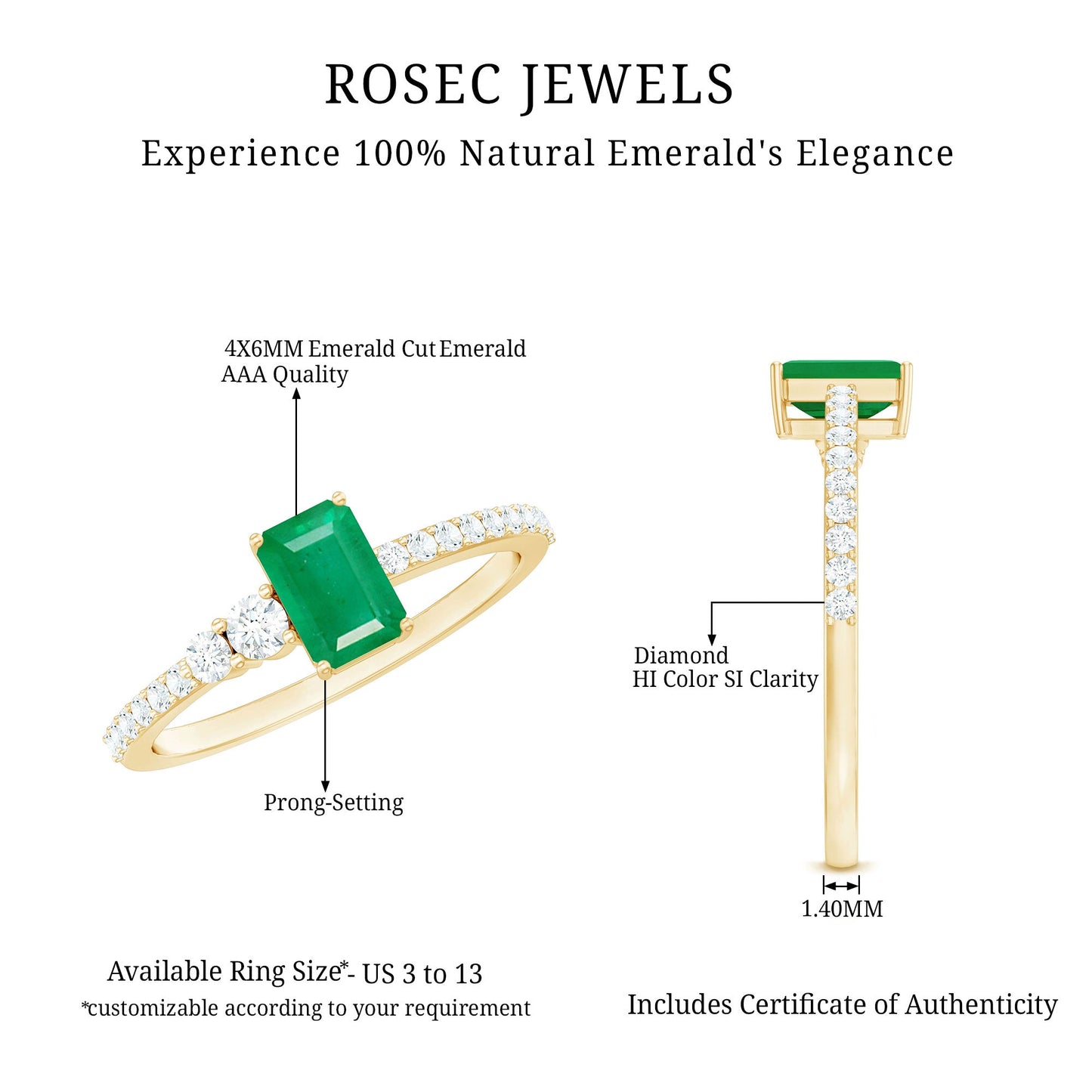 Natural Emerald Cut Emerald Engagement Ring with Diamond Side Stones