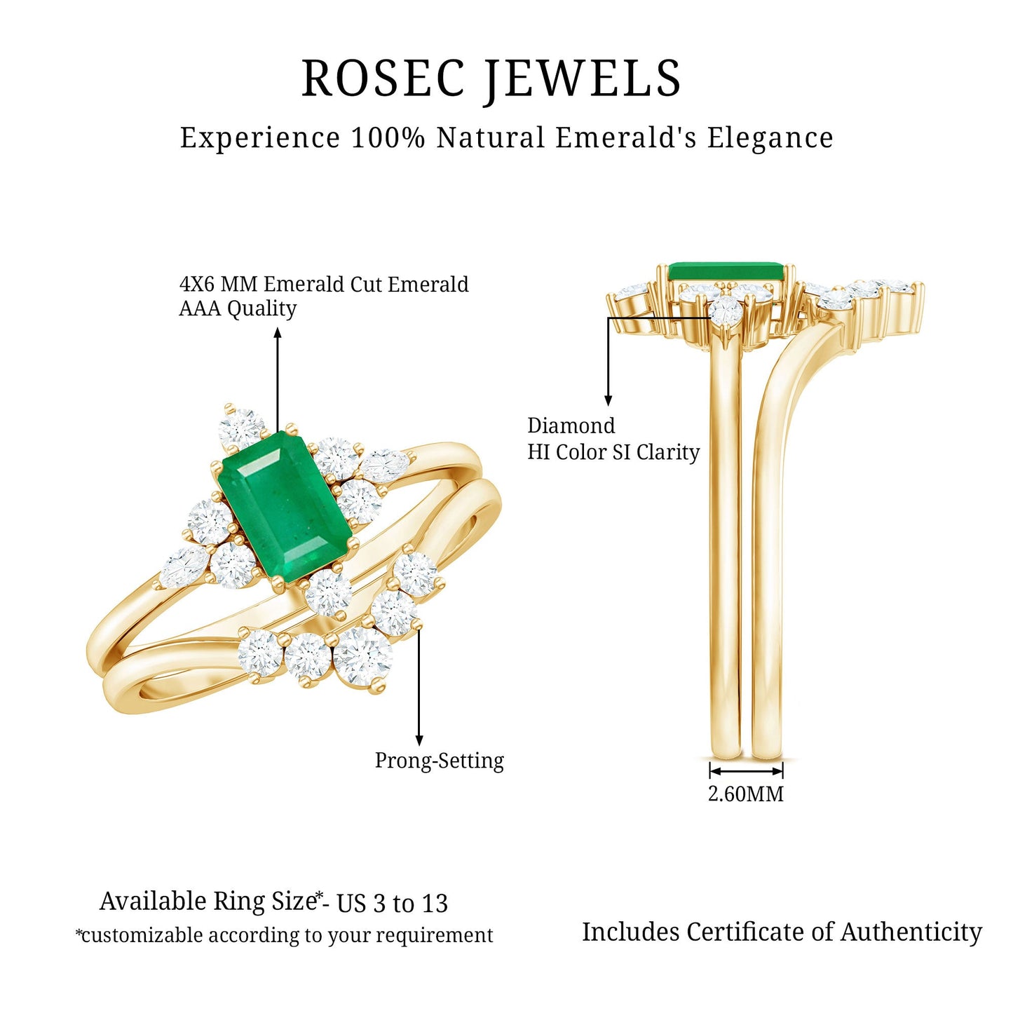 Natural Emerald Diamond Emerald Cut Engagement Ring and Wedding Band Set