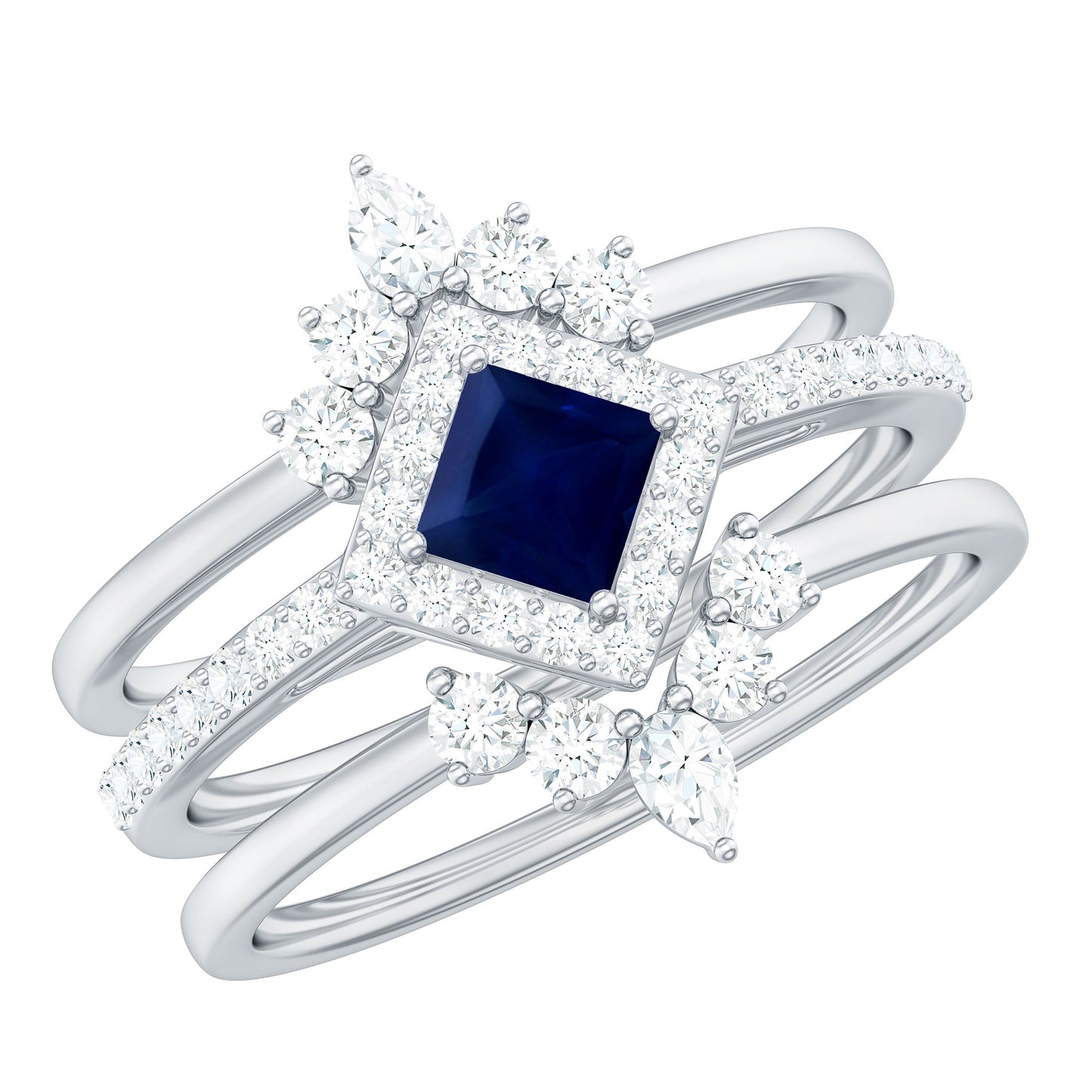0.4 Carat Princess Cut Blue Sapphire Bridal Ring Set with Moissanite Halo