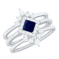 0.4 Carat Princess Cut Blue Sapphire Bridal Ring Set with Moissanite Halo