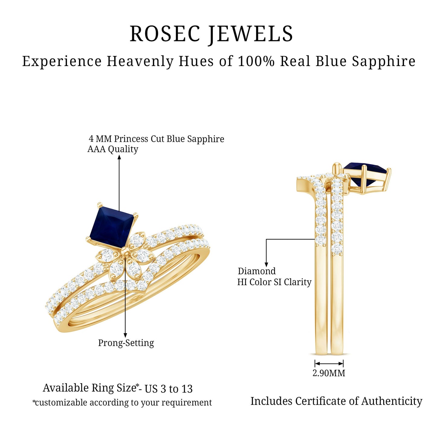 Designer Princess Cut Blue Sapphire and Diamond Flower Wedding Ring Set