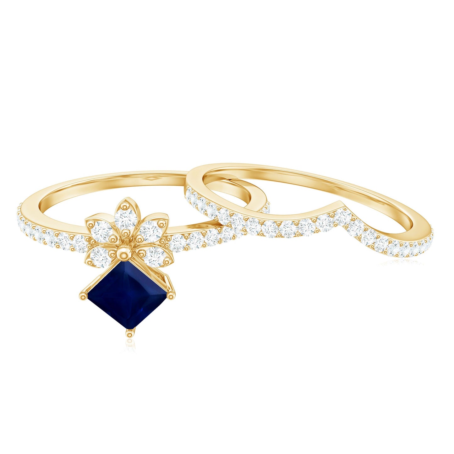 Designer Princess Cut Blue Sapphire and Diamond Flower Wedding Ring Set