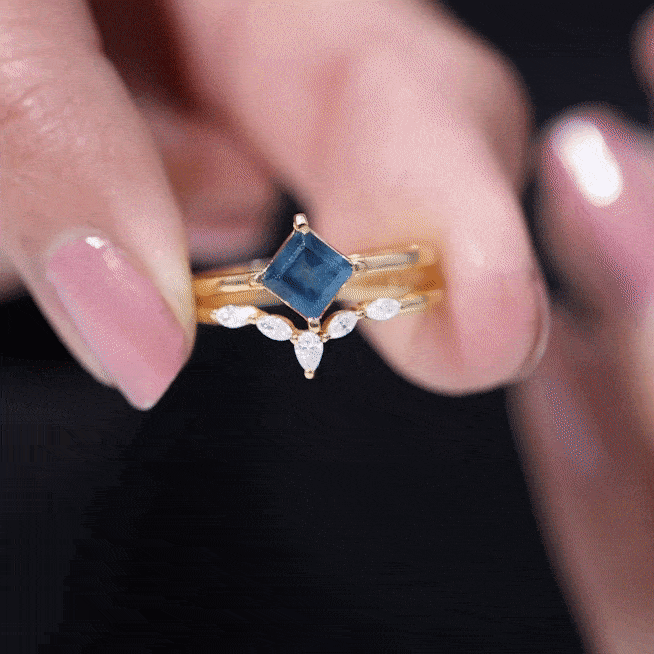 Certified Lab Grown Blue Sapphire Princess Cut Engagement Ring Set with Diamond