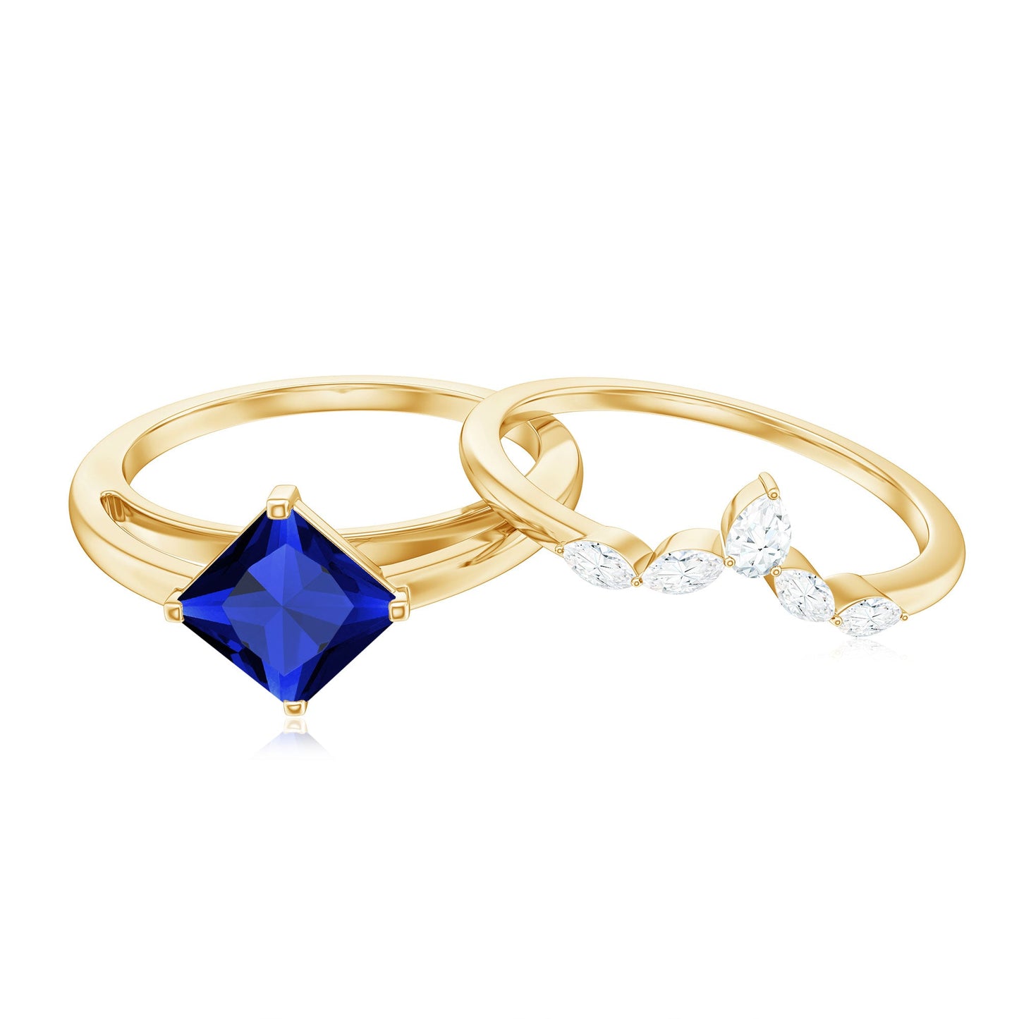 Certified Lab Grown Blue Sapphire Princess Cut Engagement Ring Set with Diamond