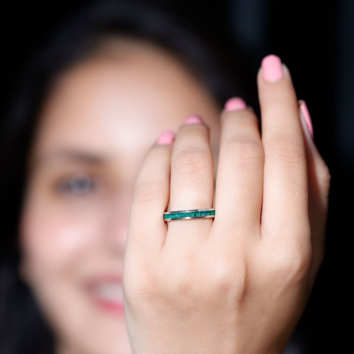 Channel Set Princess Cut Emerald Eternity Band Ring
