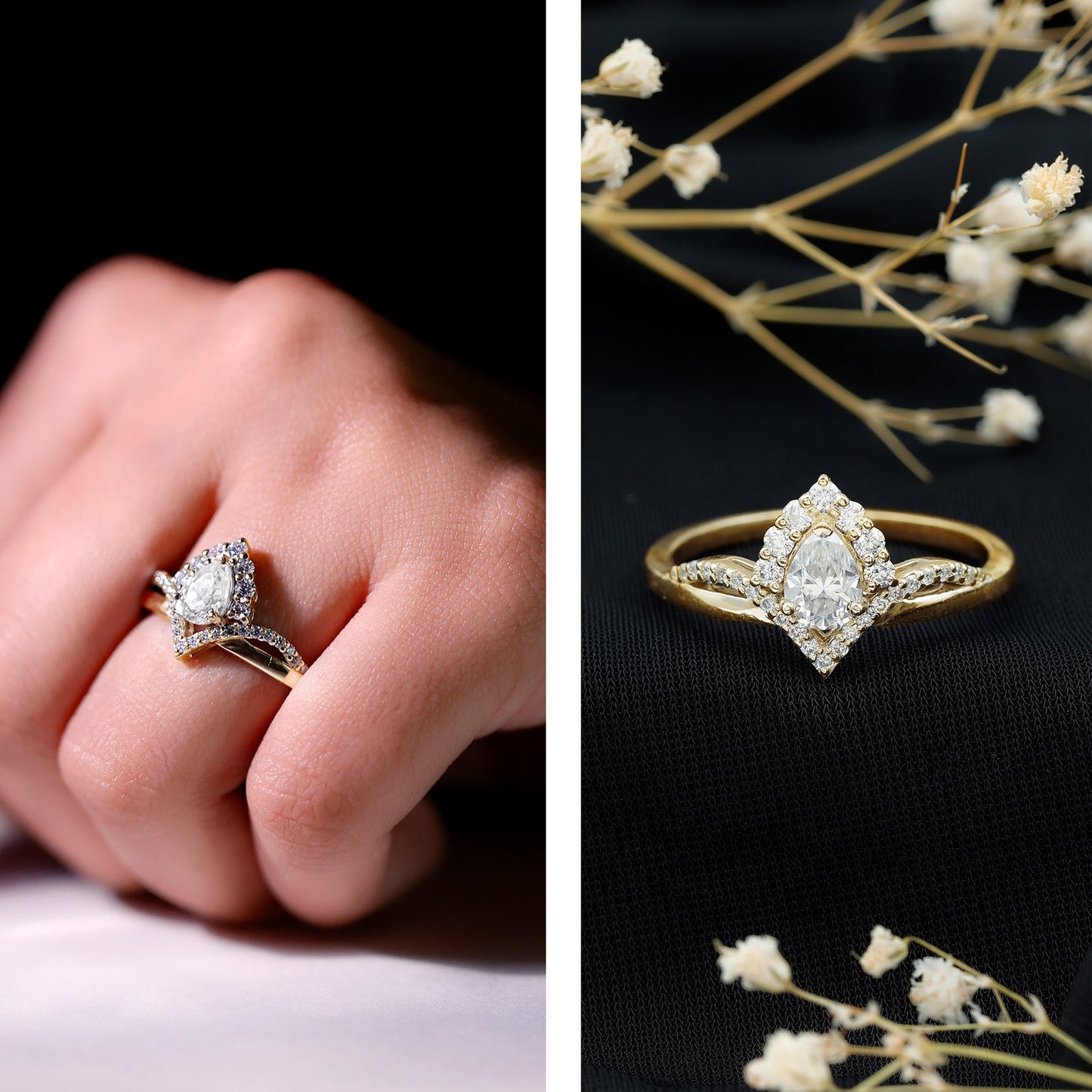 Women's Pear Shaped Moissanite Designer Engagement Ring in Silver