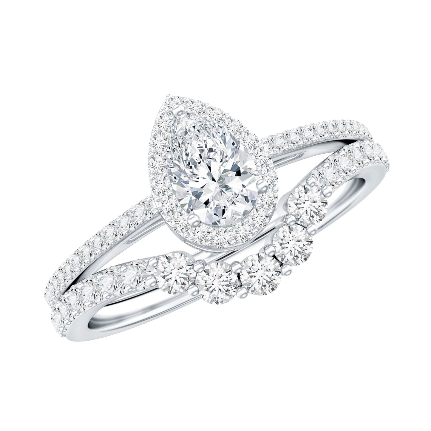 0.5 Carat Certified Moissanite Teardrop Bridal Ring Set with Halo