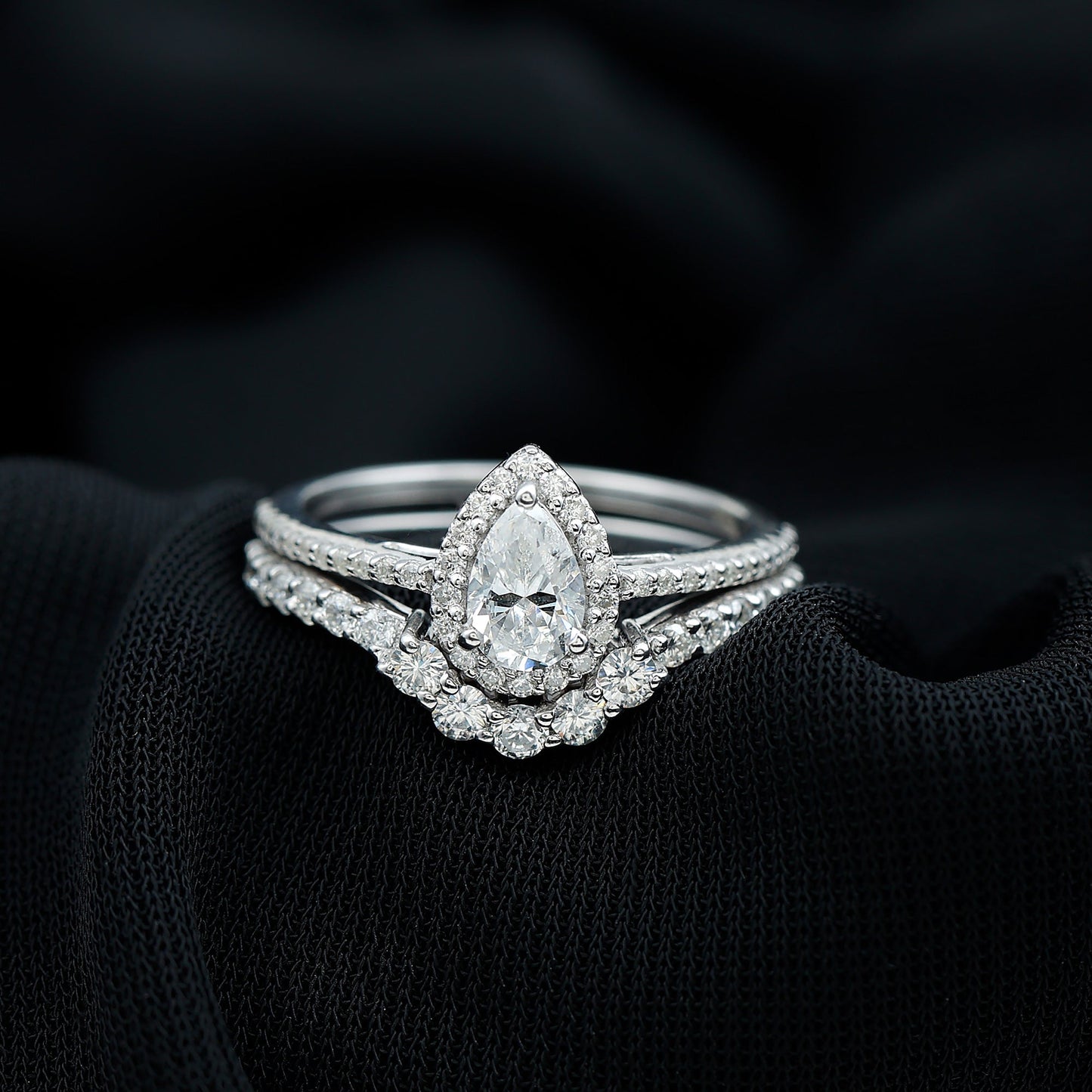 0.5 Carat Certified Moissanite Teardrop Bridal Ring Set with Halo