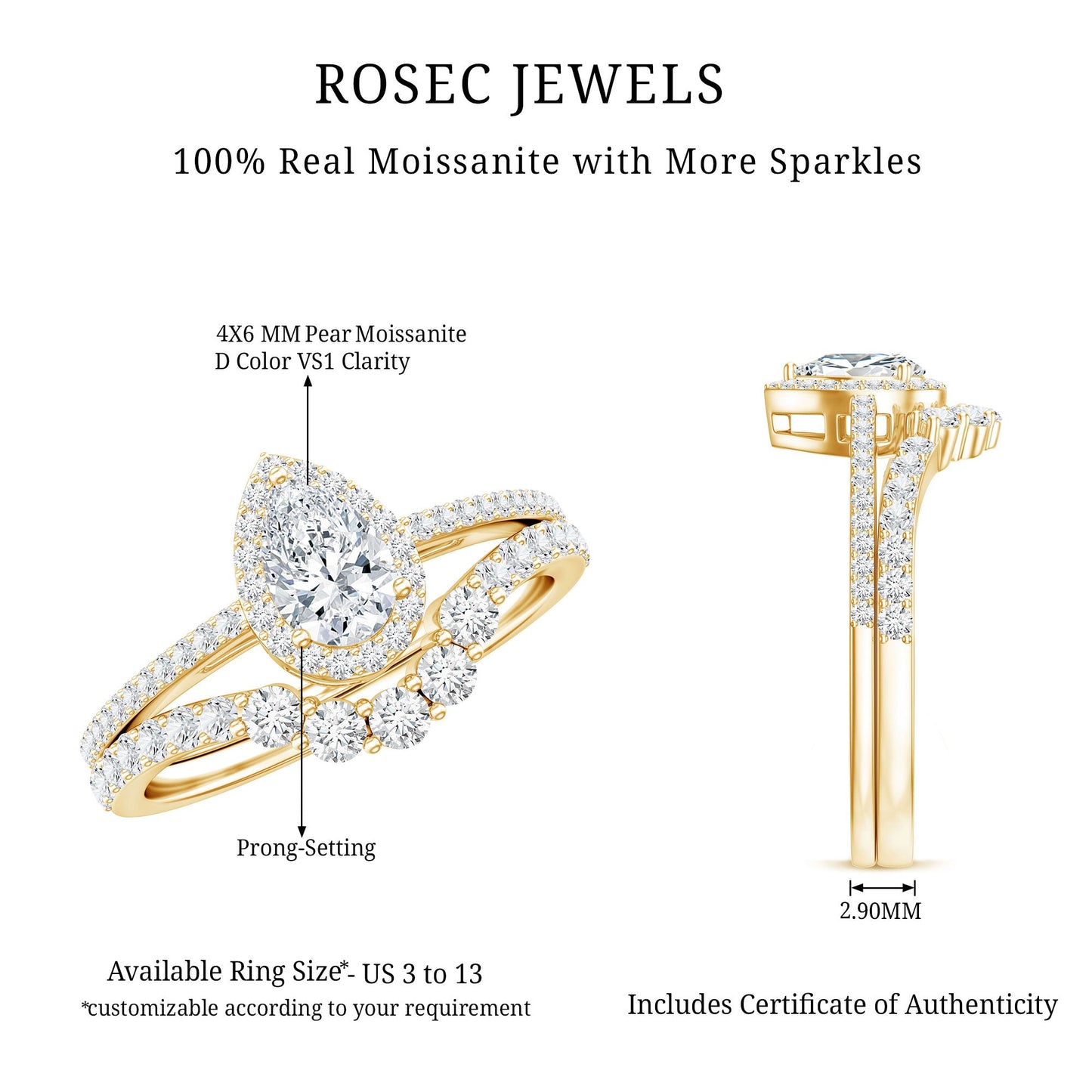 0.5 Carat Certified Moissanite Teardrop Bridal Ring Set with Halo