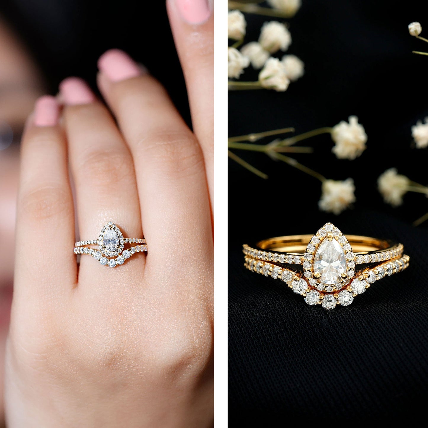 0.5 Carat Certified Moissanite Teardrop Bridal Ring Set with Halo