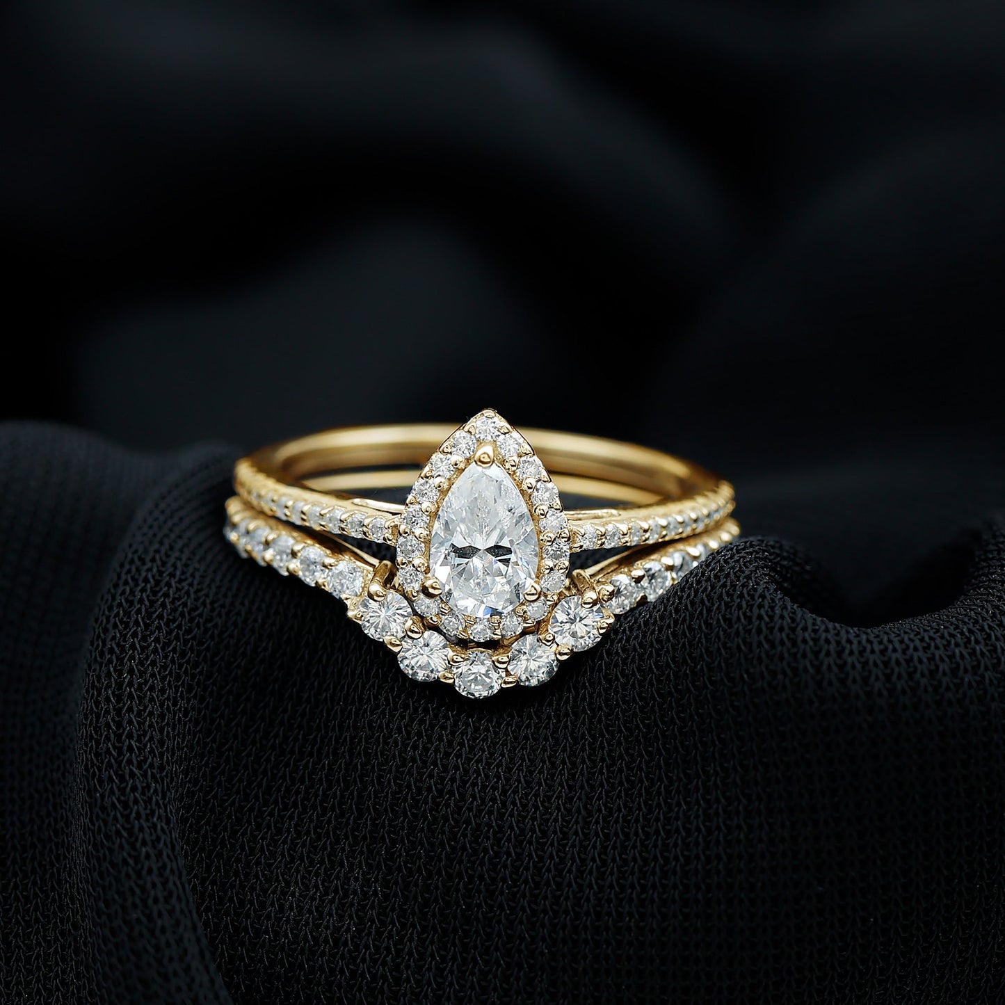 0.5 Carat Certified Moissanite Teardrop Bridal Ring Set with Halo
