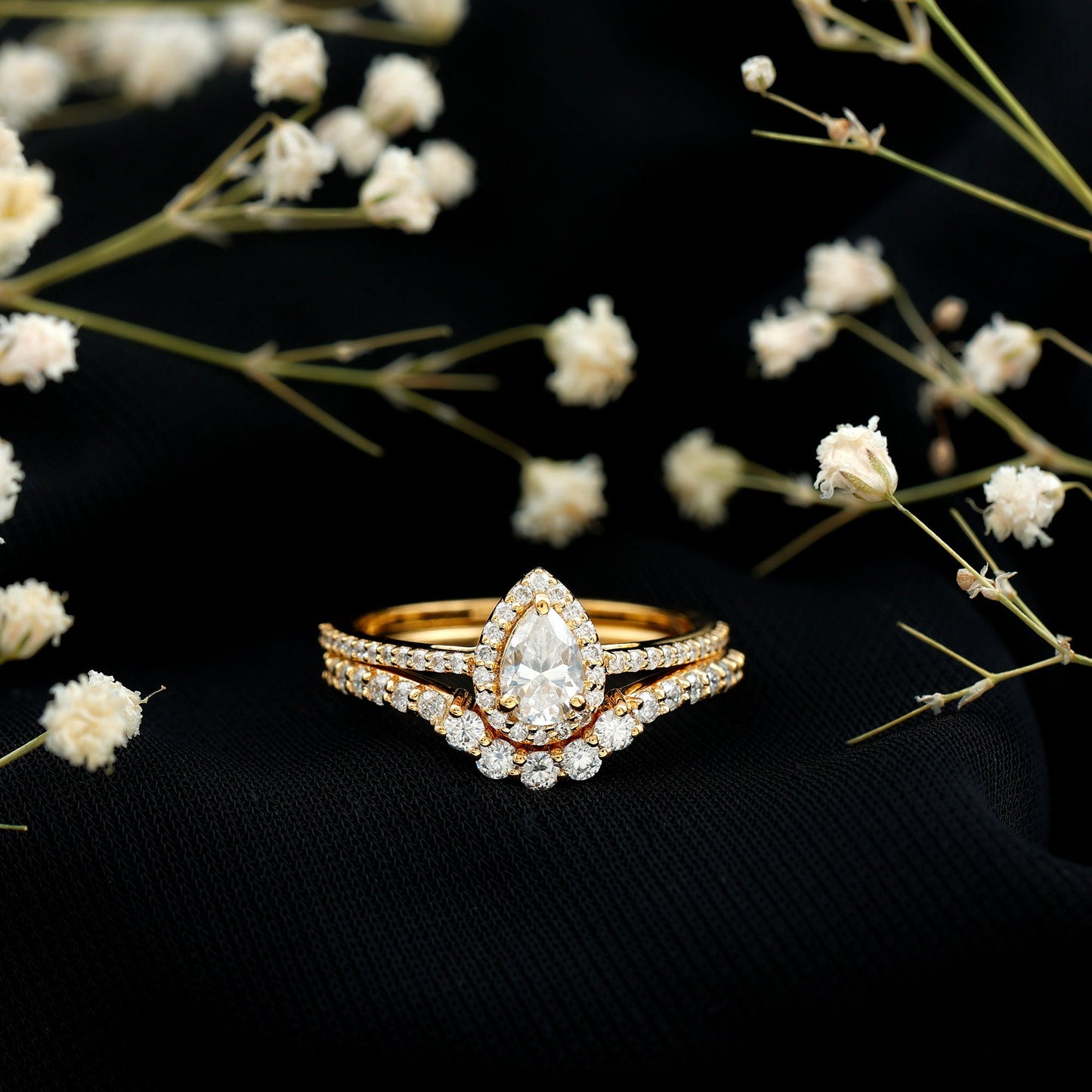0.5 Carat Certified Moissanite Teardrop Bridal Ring Set with Halo