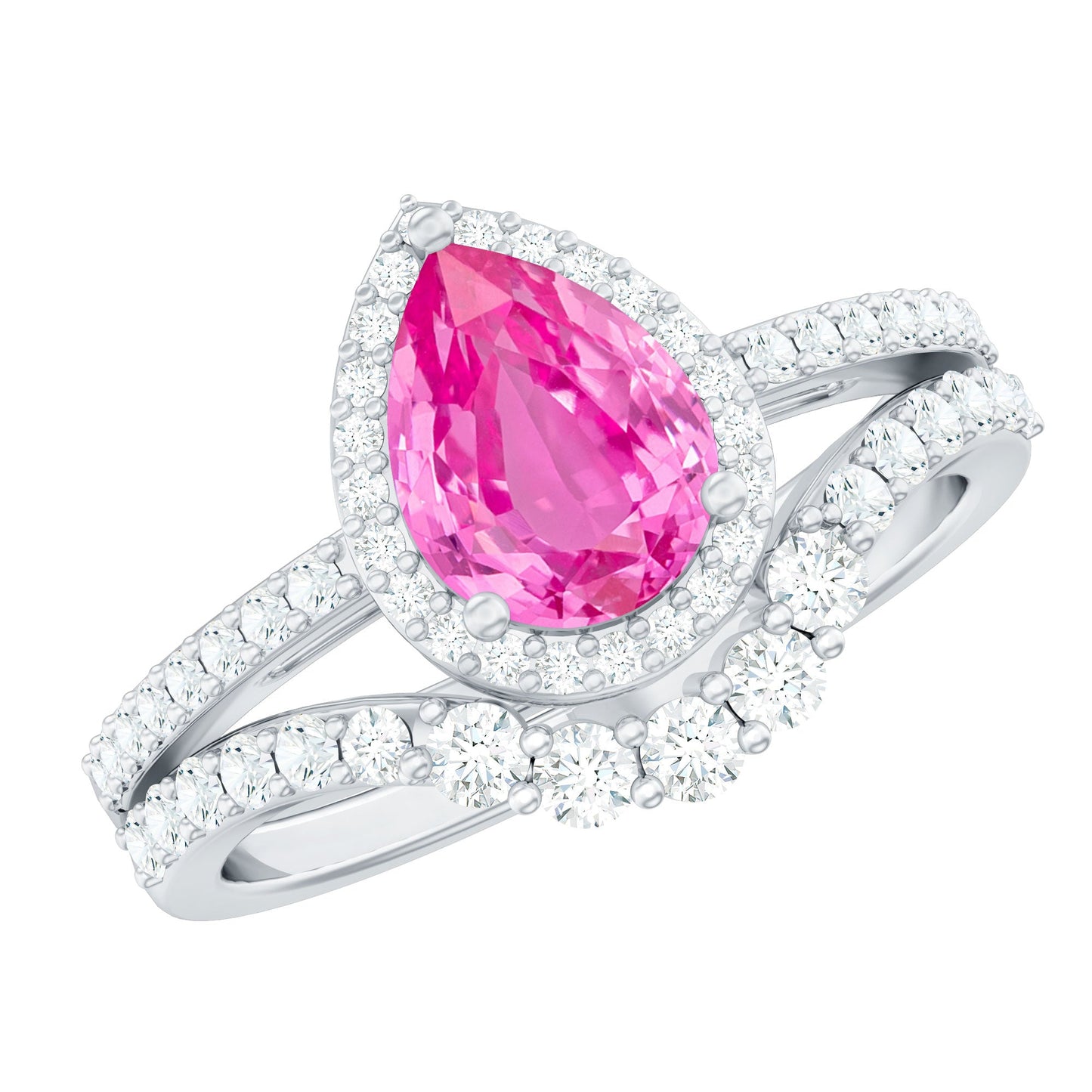 Pear Created Pink Sapphire Teardrop Ring Set with Moissanite Band