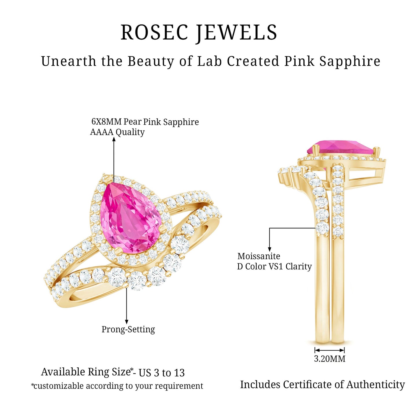 Pear Created Pink Sapphire Teardrop Ring Set with Moissanite Band