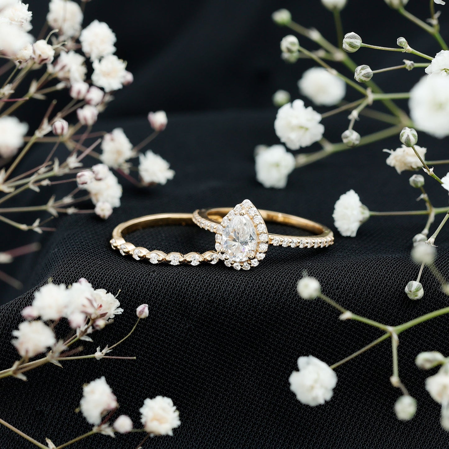 0.7 Carat Moissanite Teardrop Wedding Ring Set with Halo