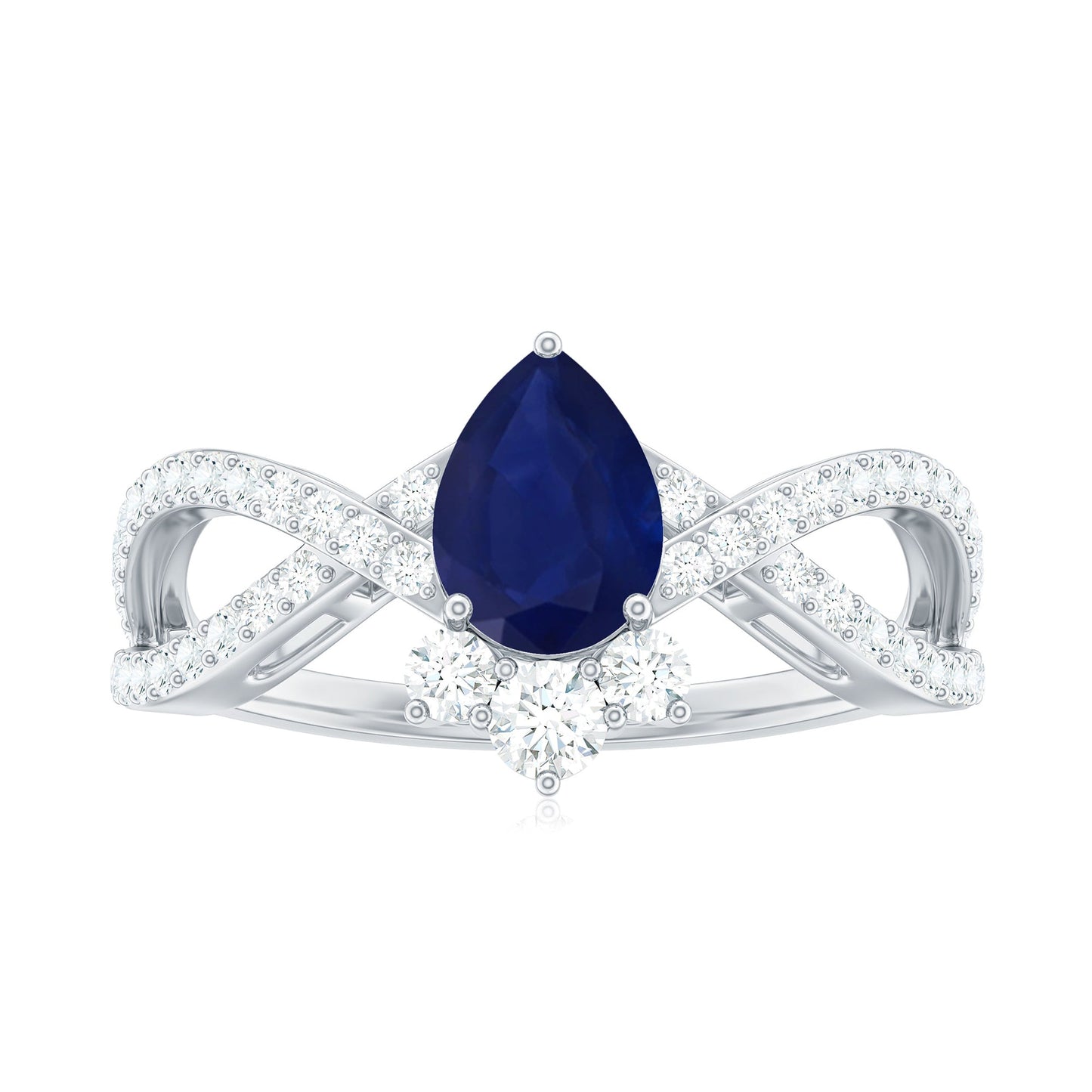 Real 0.5 Blue Sapphire Pear Shape Engagement Ring with Diamond Crossover
