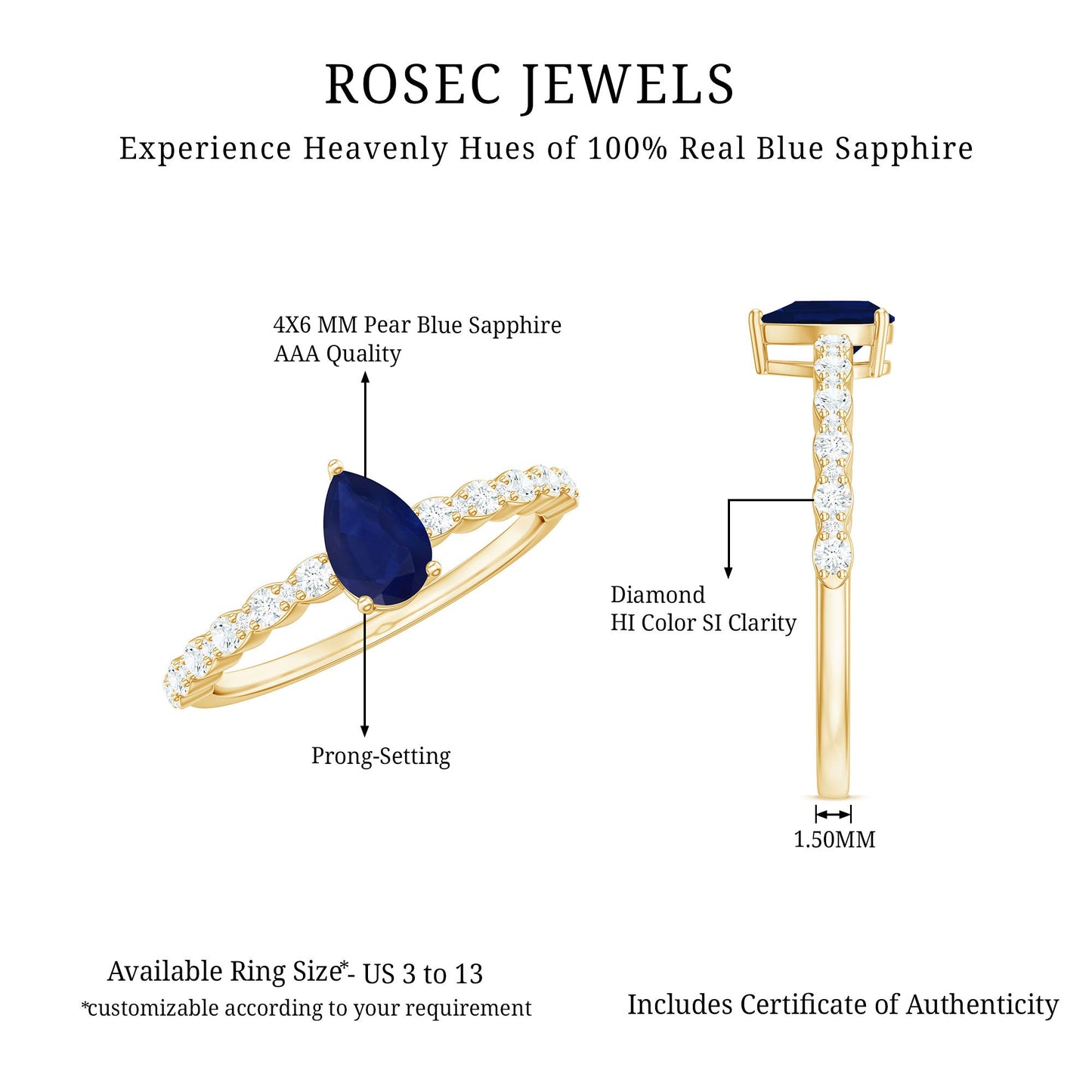 0.5 Carat Minimal Blue Sapphire Solitaire Promise Ring with Diamond
