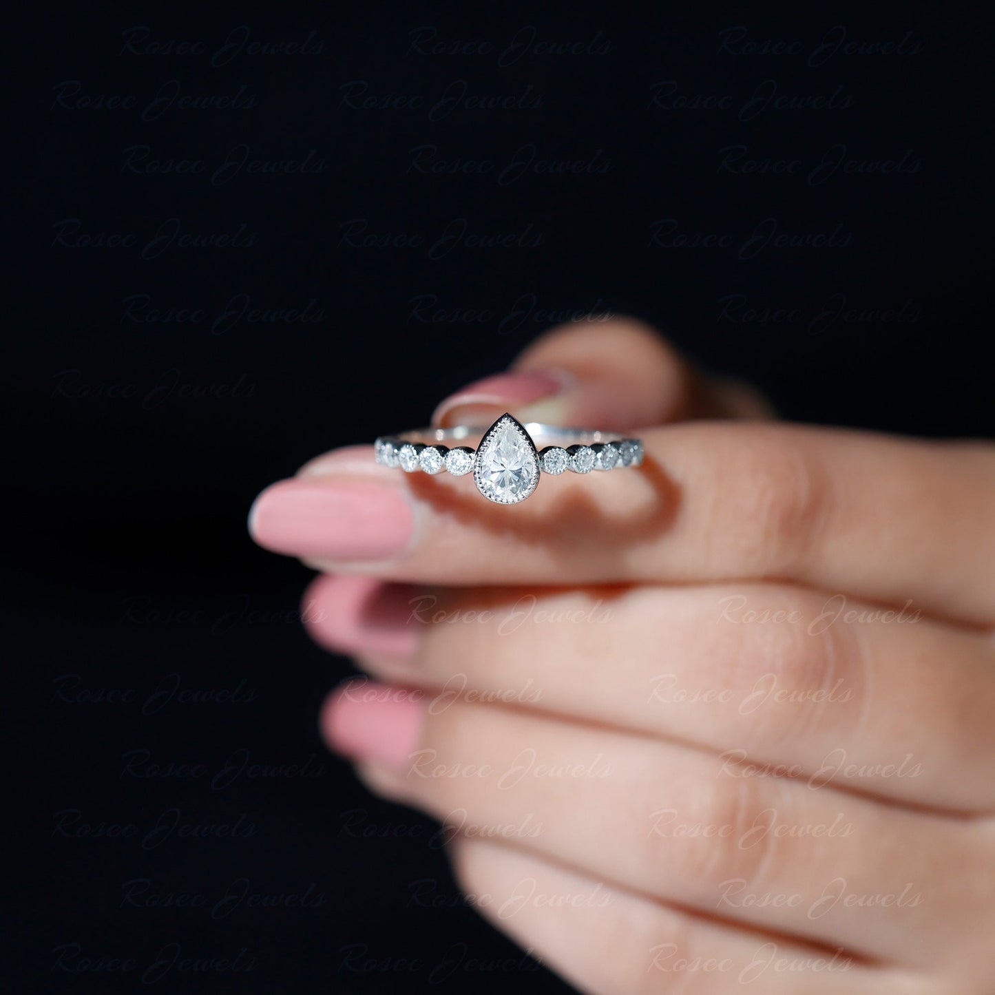 Beaded Bezel Set Moissanite Pear Engagement Ring