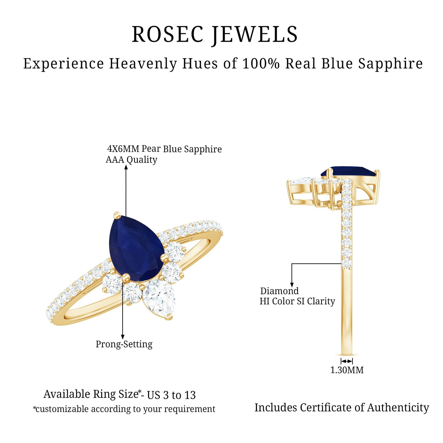 Certified 0.5 Carat Pear Shaped Blue Sapphire Crown Engagement Ring with Diamond