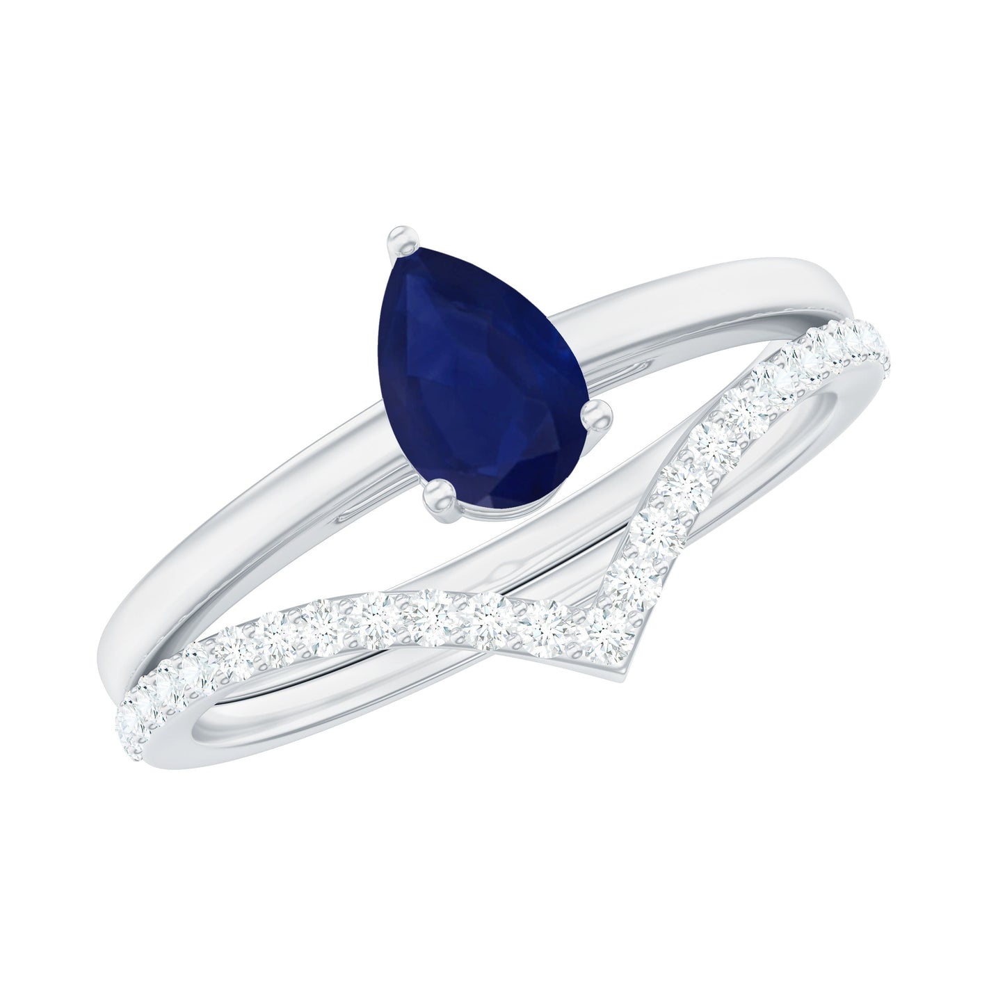 0.5 Carat Pear Cut Blue Sapphire Solitaire Ring Set with Diamond Enhancer Band