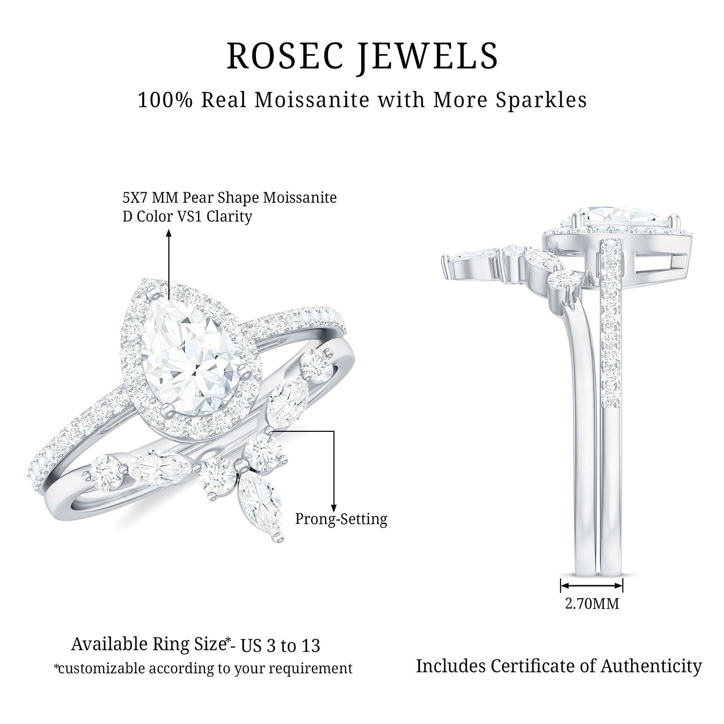Pear Cut Moissanite Halo Bridal Ring Set with Certificate