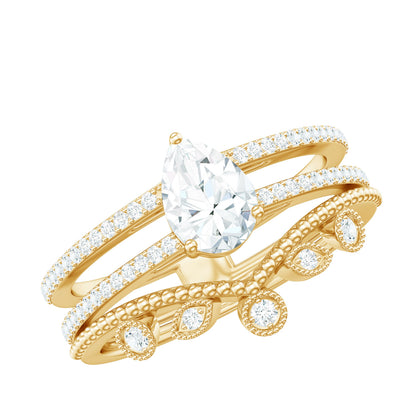 Pear Moissanite Double Band Engagement Ring with Enhancer