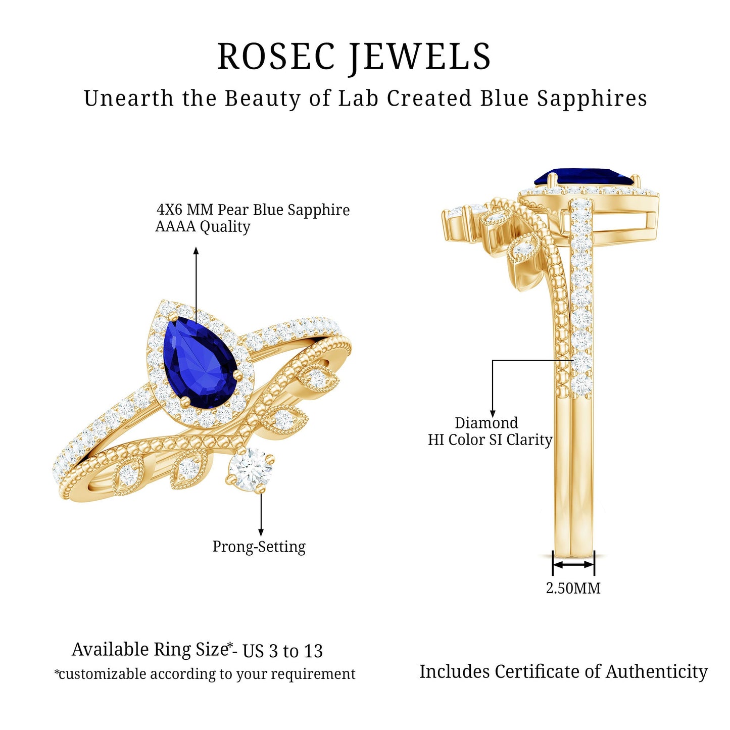 Lab Grown Blue Sapphire Pear Shaped Engagement Ring Set with Diamond