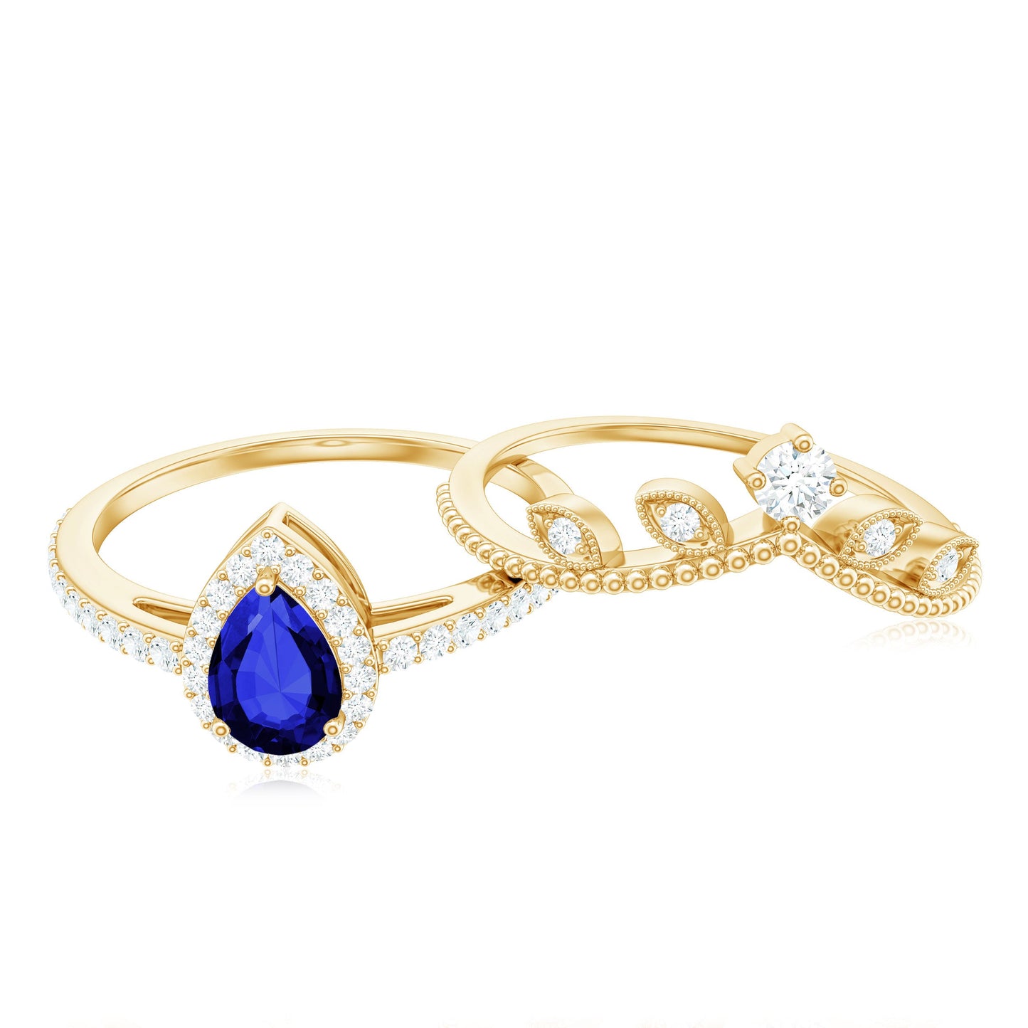 Lab Grown Blue Sapphire Pear Shaped Engagement Ring Set with Diamond