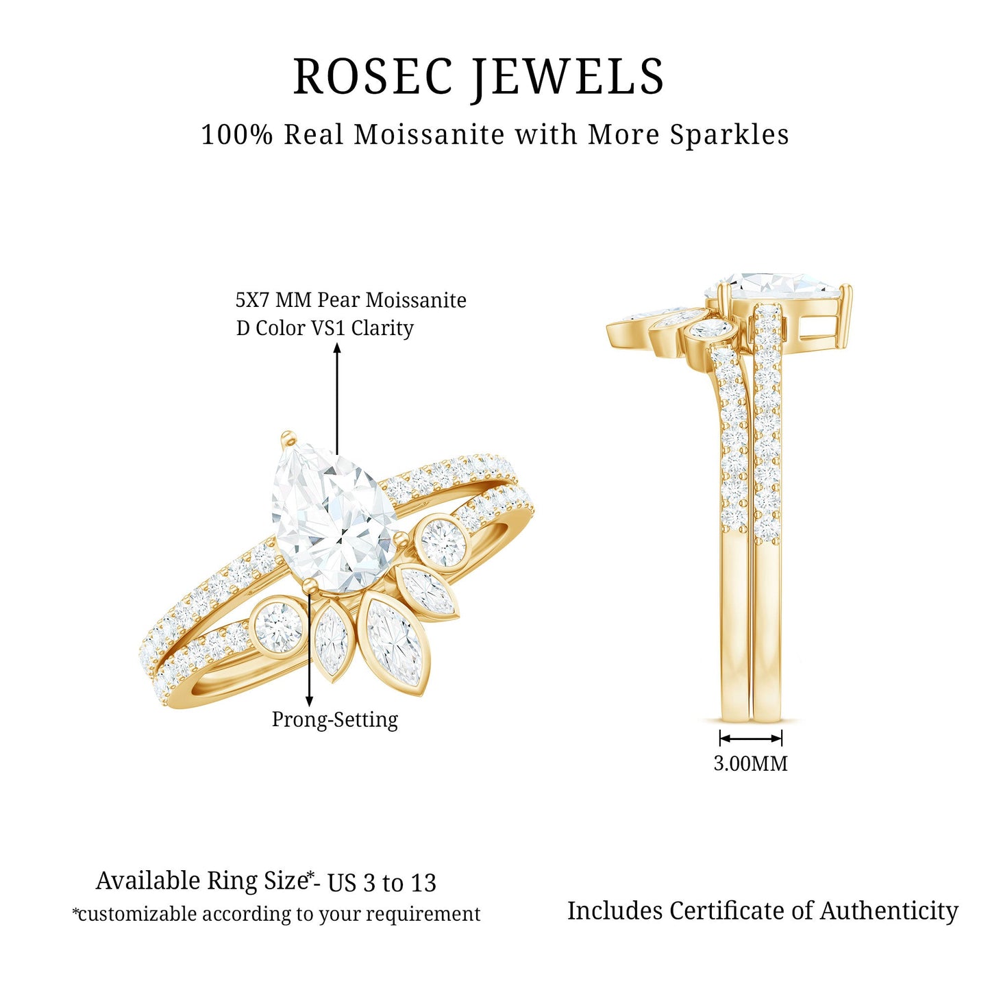 Pear Cut Moissanite Solitaire Bridal Ring Set with Certificate