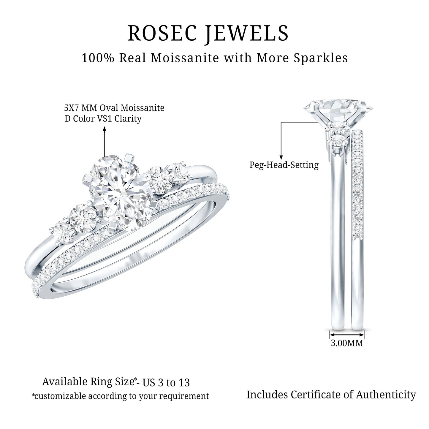 Certified Moissanite Oval Engagement Ring with Wedding Band