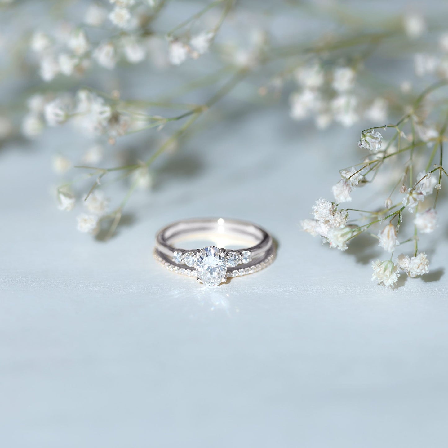 Certified Moissanite Oval Engagement Ring with Wedding Band