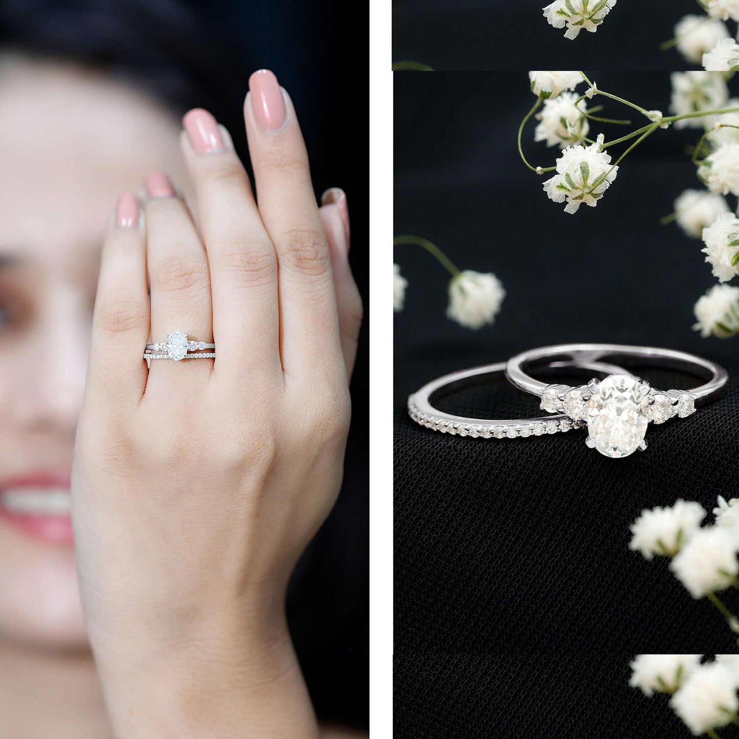 Certified Moissanite Oval Shaped Wedding Ring Set