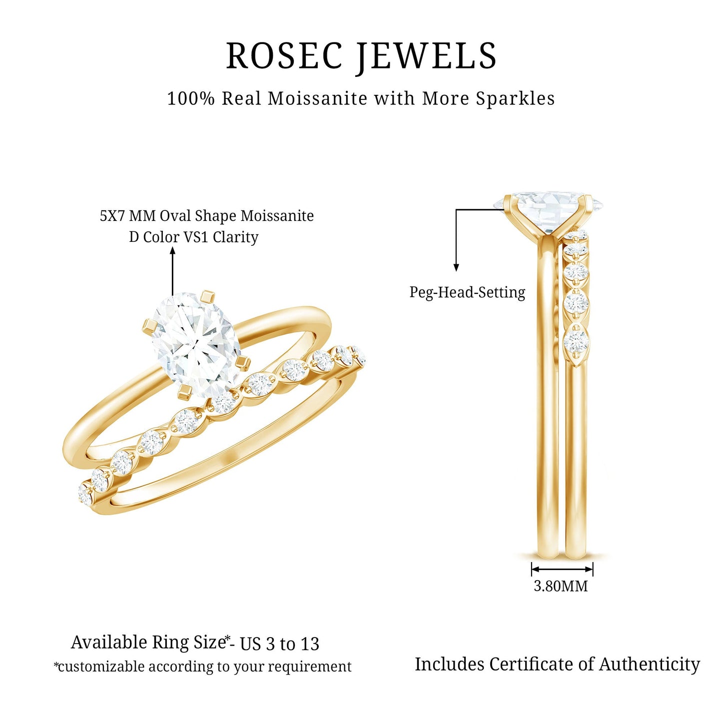 Oval Cut Moissanite Solitaire Bridal Ring Set for Women