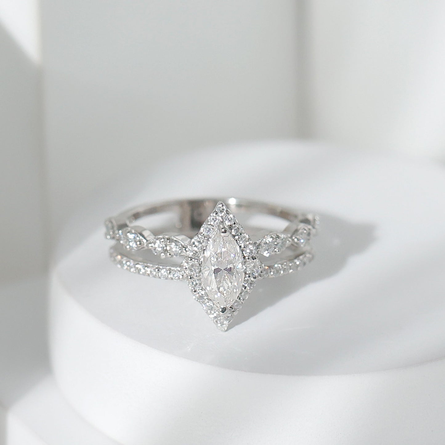 Marquise Cut Moissanite Double Band Engagement Ring with Certificate