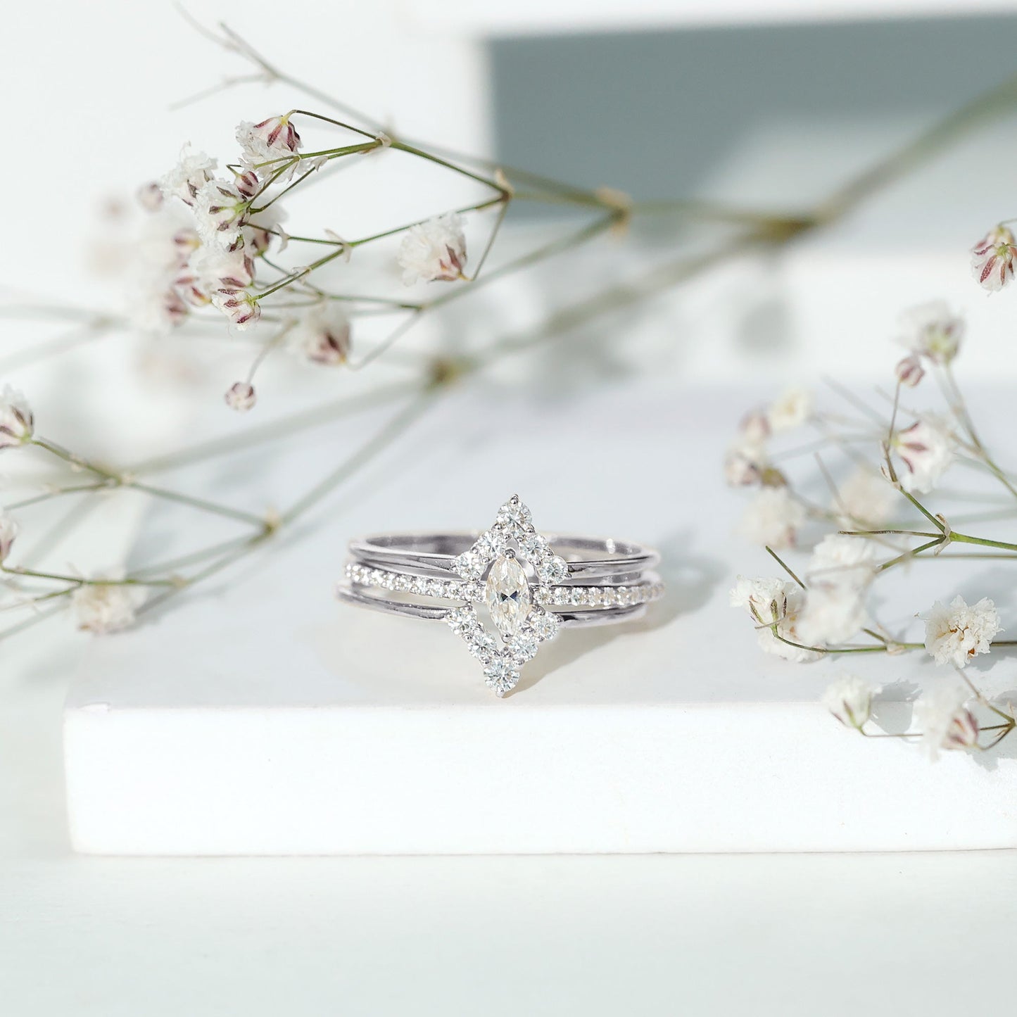 Marquise Cut Moissanite Solitaire Trio Ring Set
