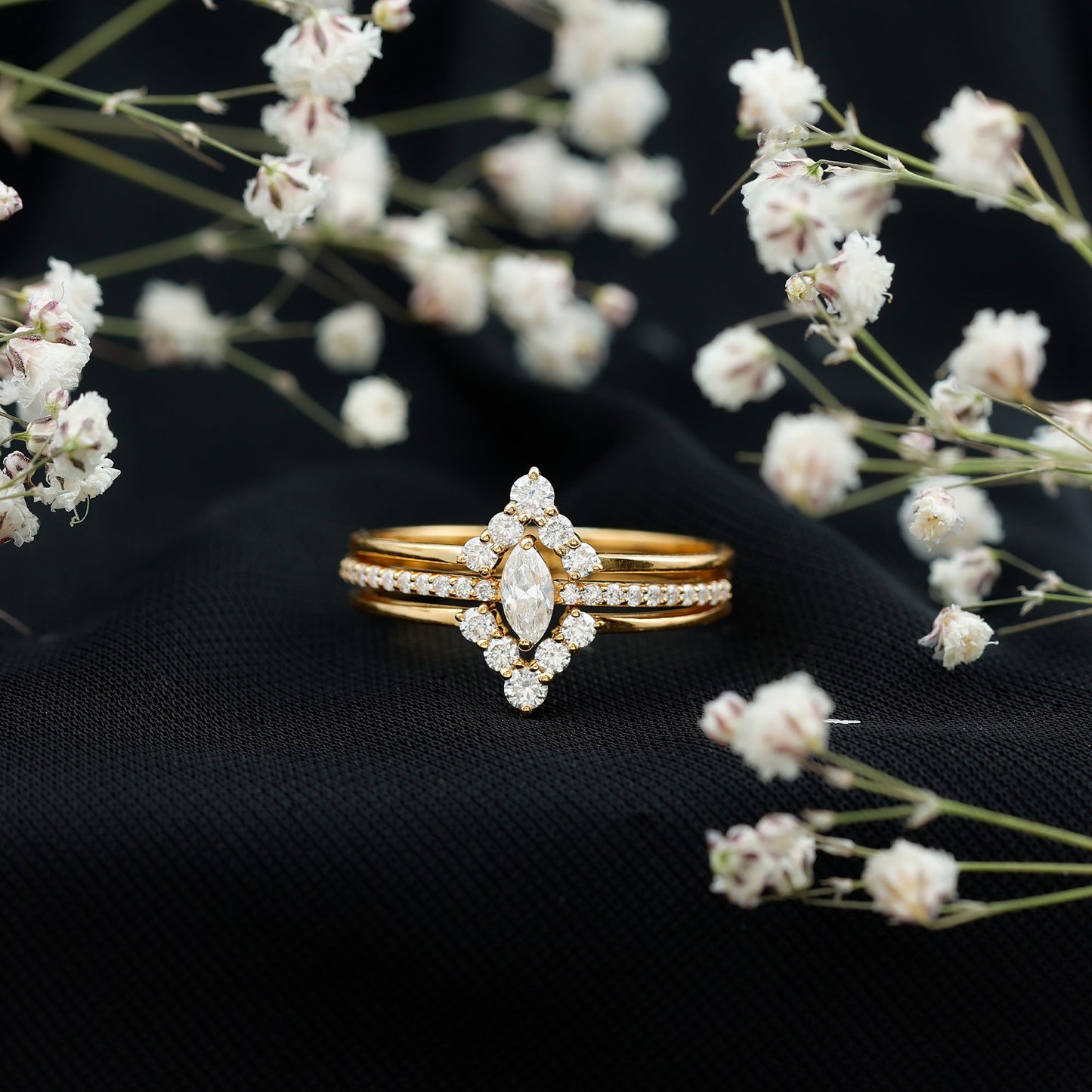 Marquise Cut Moissanite Solitaire Trio Ring Set
