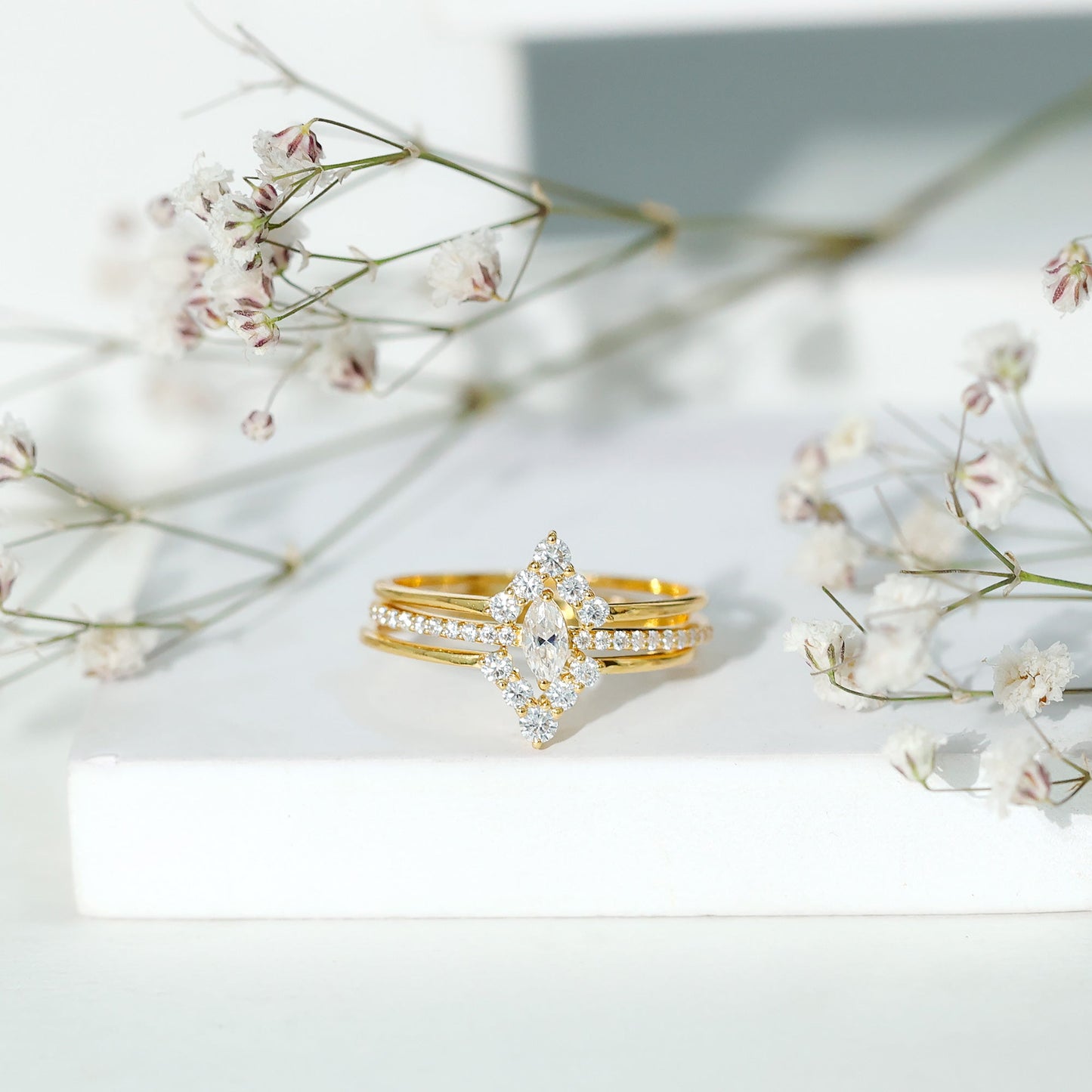 Marquise Cut Moissanite Solitaire Trio Ring Set