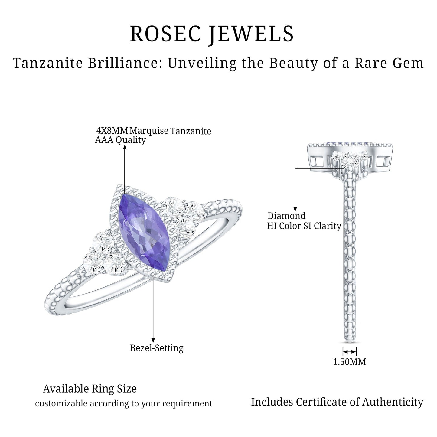 Vintage Style Marquise Tanzanite Promise Ring with Diamond Trio