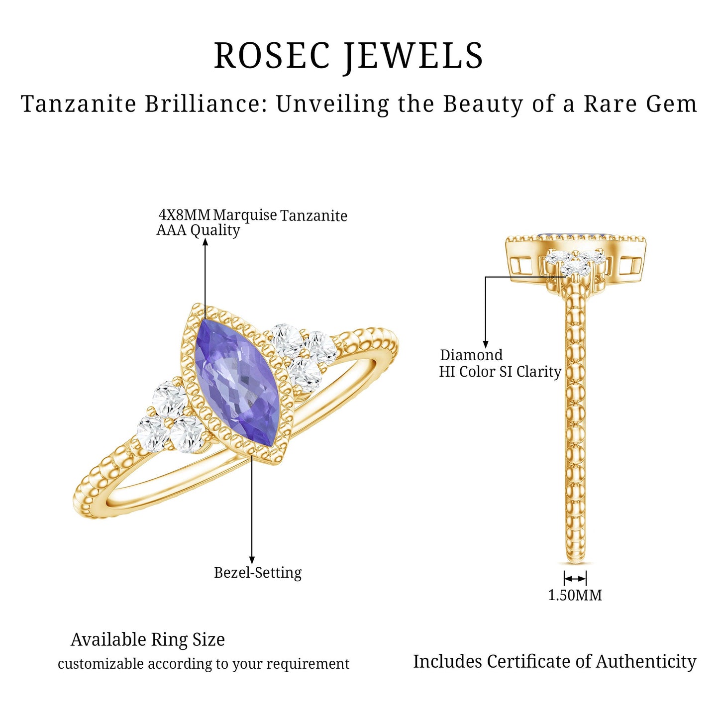 Vintage Style Marquise Tanzanite Promise Ring with Diamond Trio