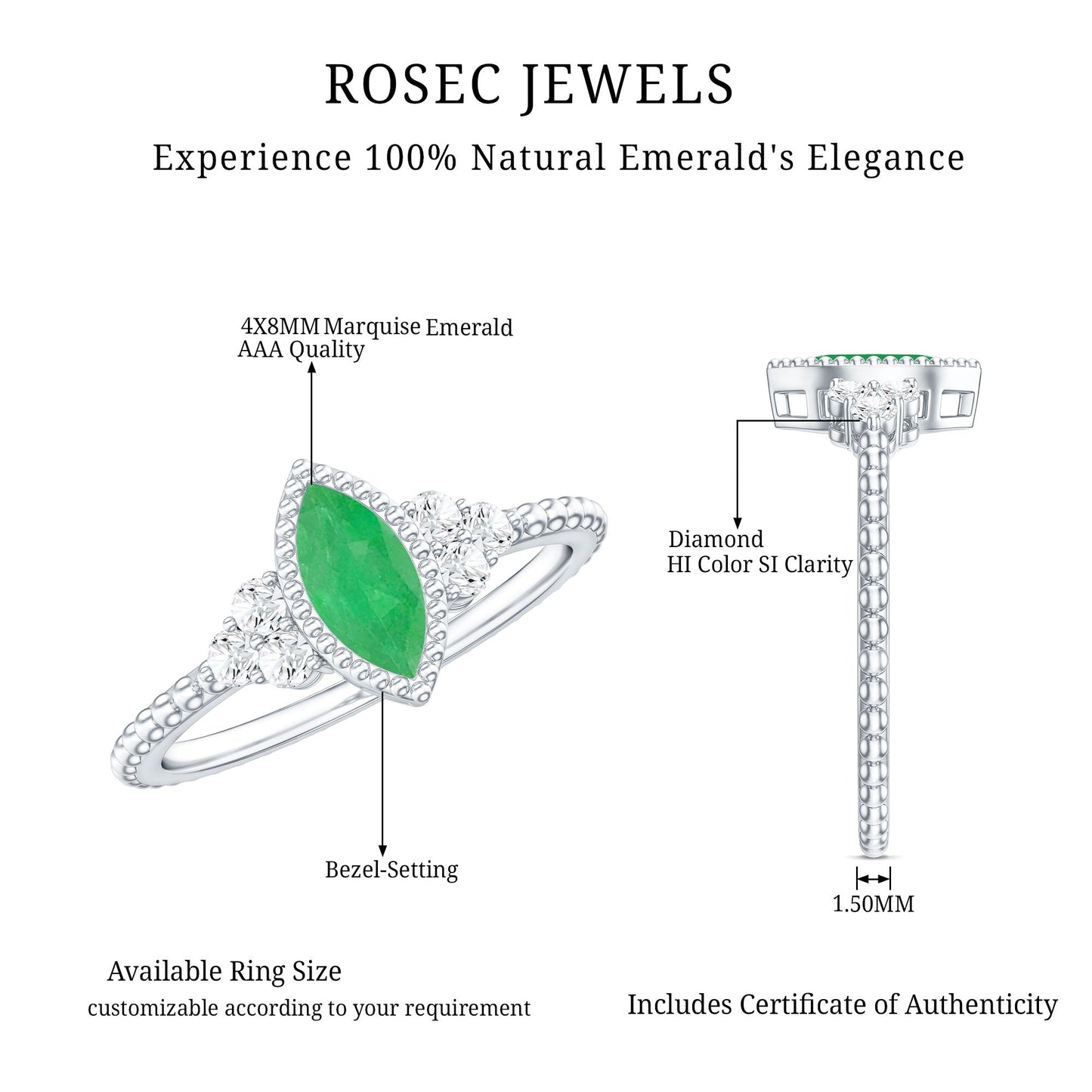 Vintage Inspired Emerald Promise Engagement Ring with Trio Diamond